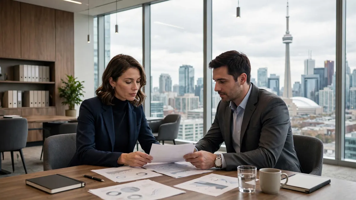 Toronto law firm partners reviewing digital marketing results with skyline behind them