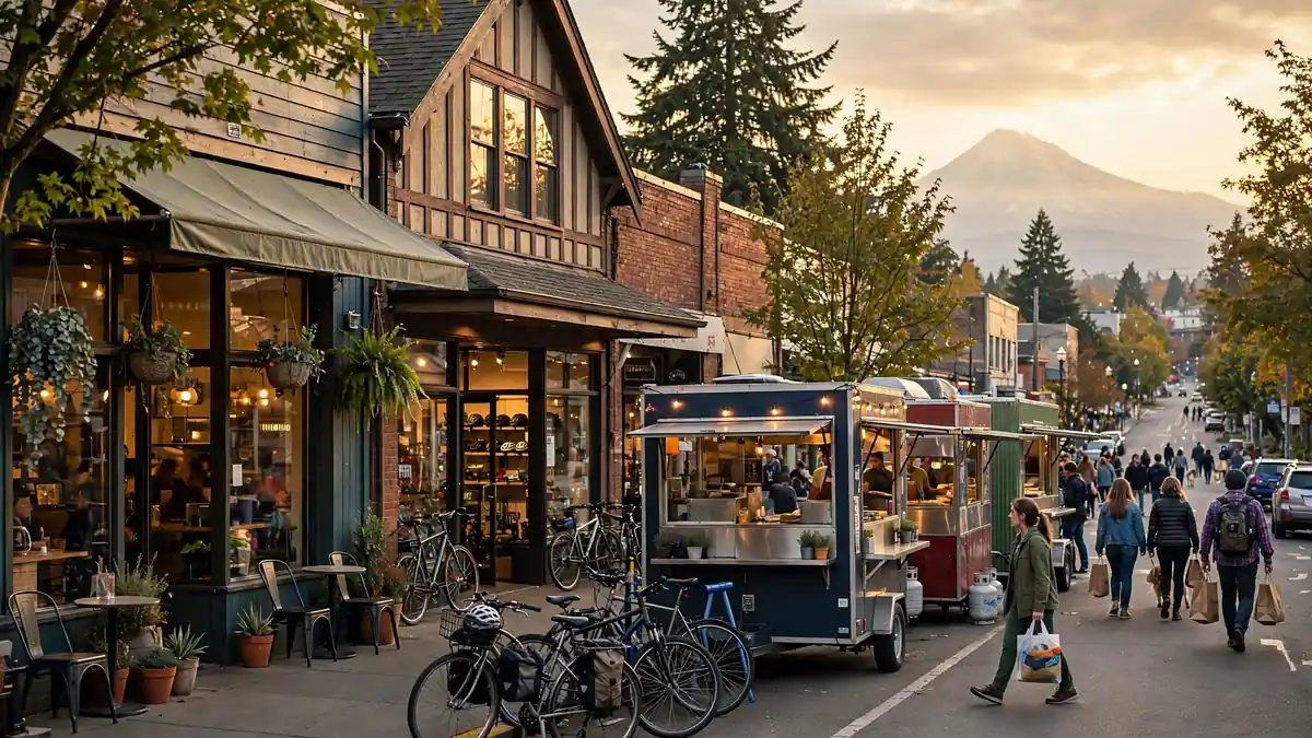 Independent shops on a Portland Oregon high street — measuring ROI of digital marketing for local businesses