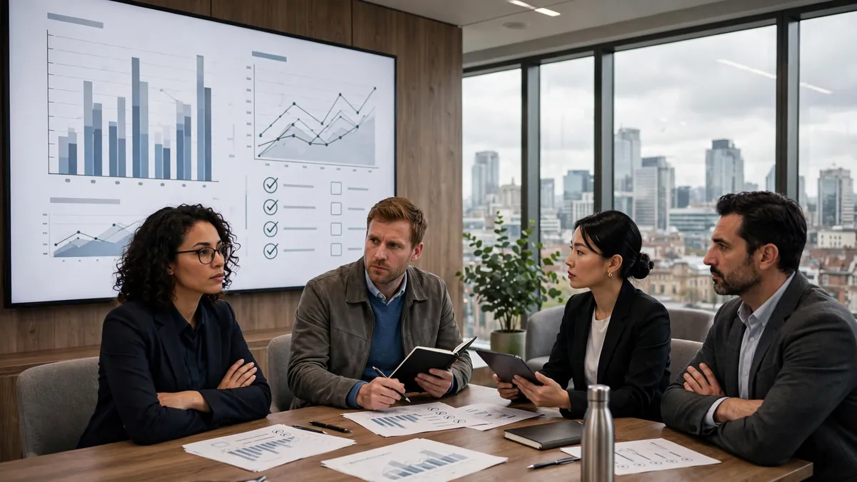 Marketing team in a Birmingham office reviewing measurement and compliance dashboards for a regulated industry