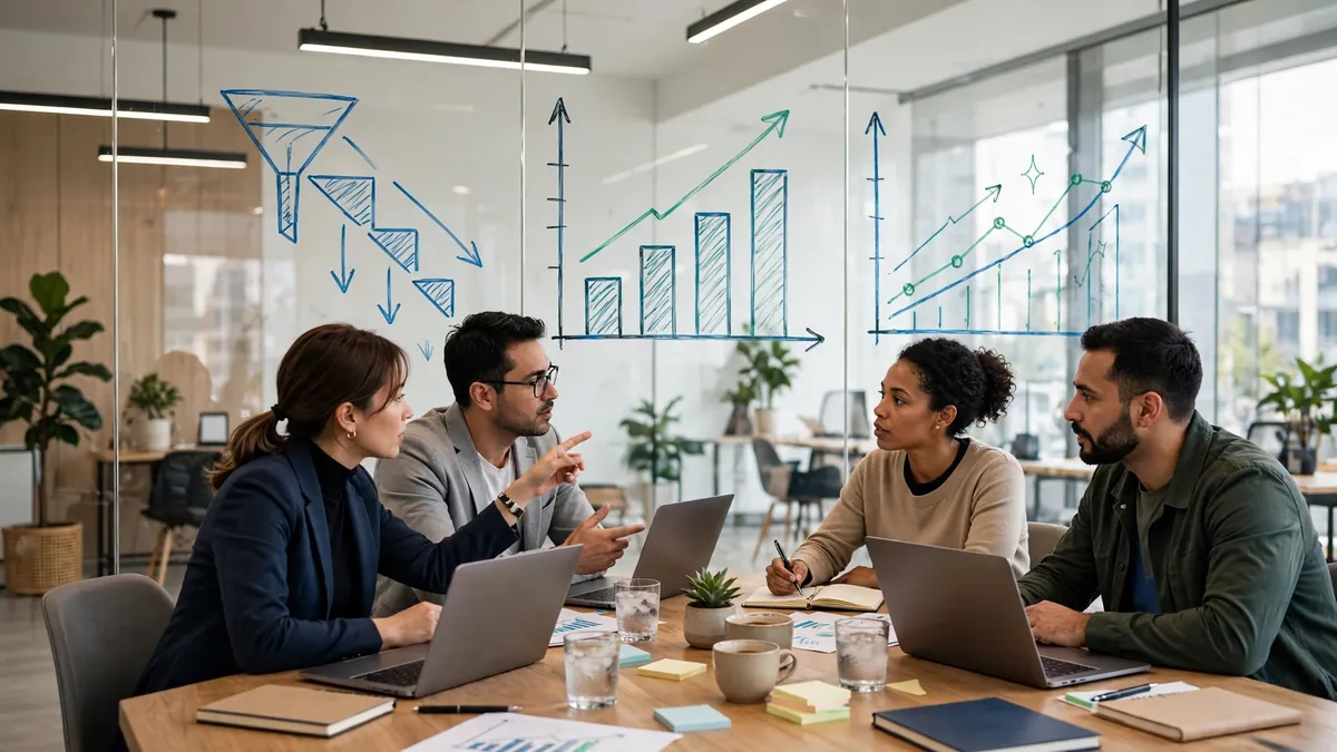 Business services team reviewing a marketing pipeline scorecard — the complete framework for digital marketing ROI