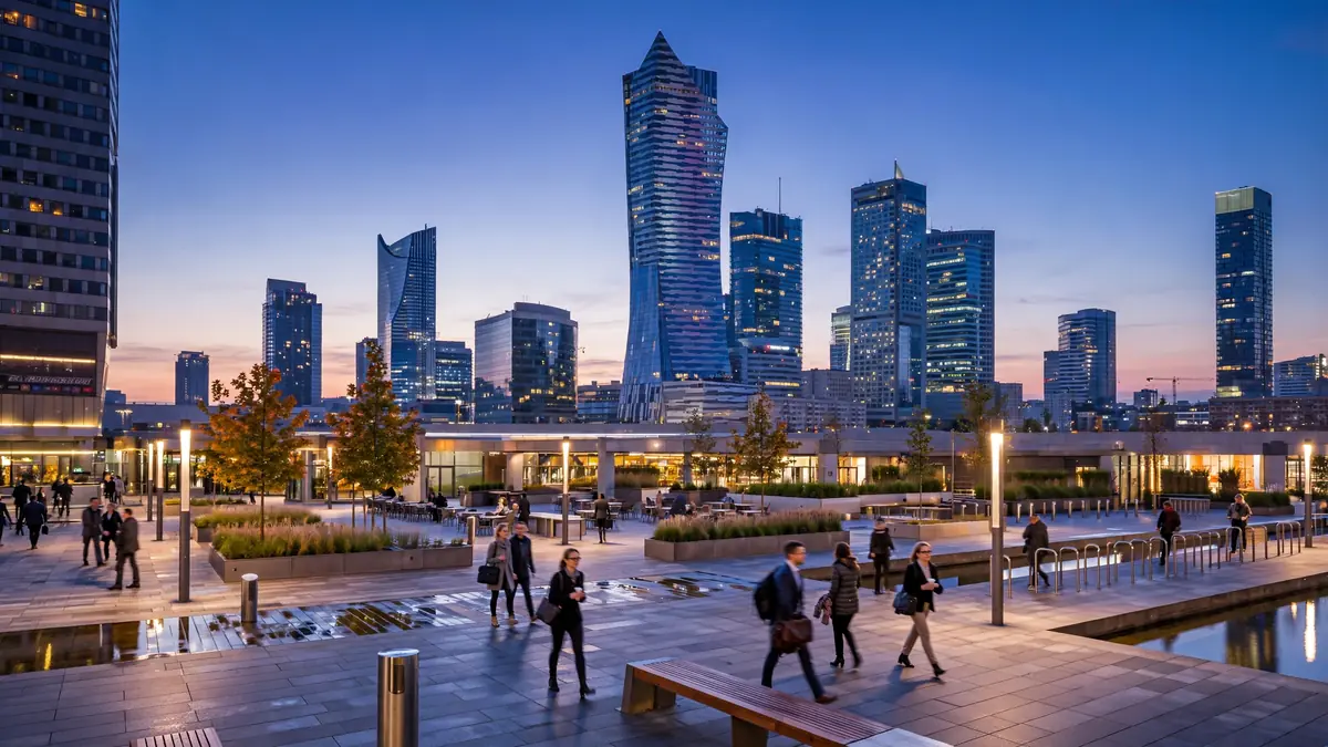 Warszawa financial district skyscrapers at dusk, illustrating ROI of digital marketing for financial services in Warszawa