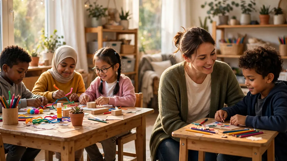 Teacher encouraging a learner at a sunlit classroom table with classmates working together