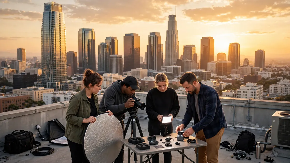 Los Angeles skyline at golden hour with a brand team creating content, illustrating scaling advertising and marketing growth in Los Angeles