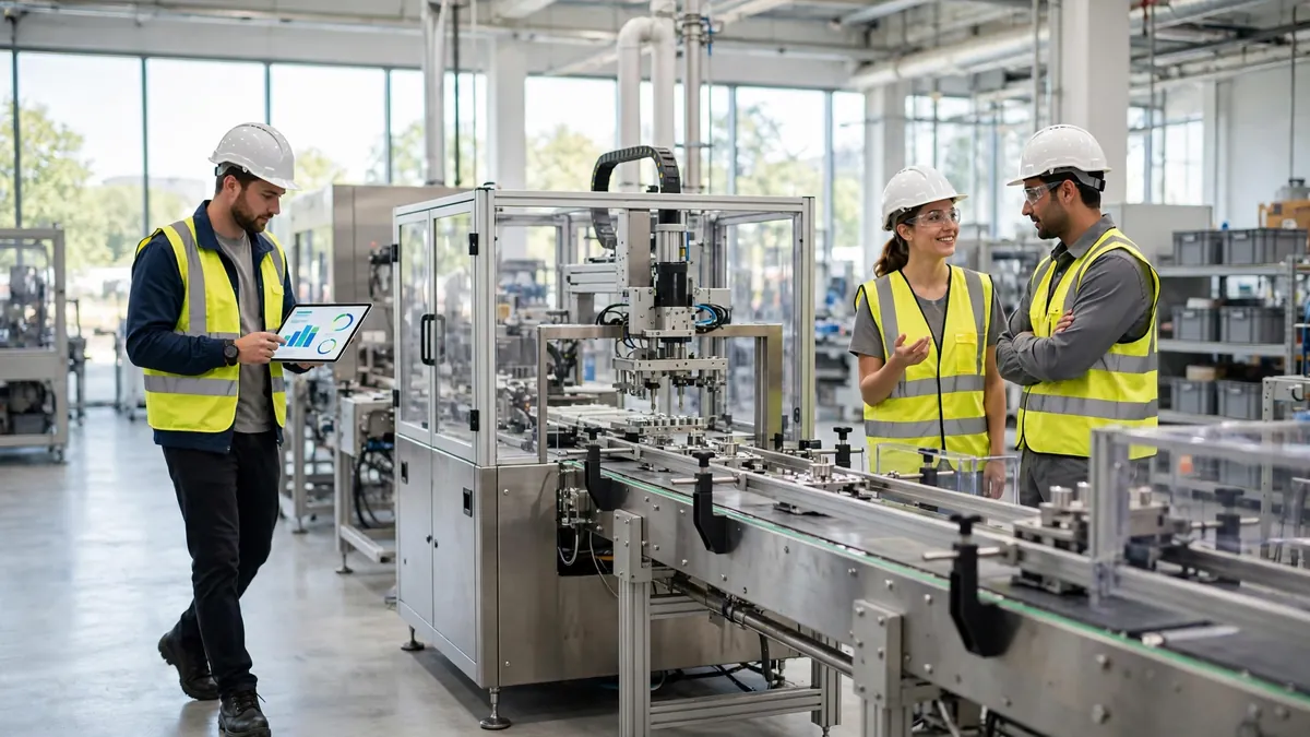 Engineer using a simple dashboard on a modern factory floor