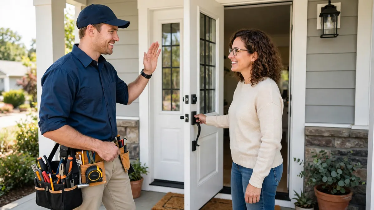 Home service business owner greeting a homeowner at the door, ready to start work