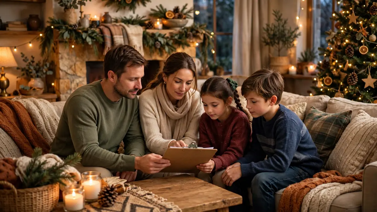 Calm family enjoying a safe, mindful holiday living room, illustrating secura lifestyle happy hallidays risk prevention