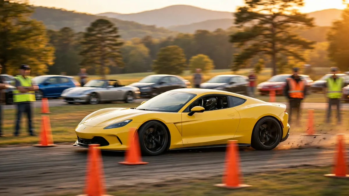 Sports car driving through an autocross cone course at a North Carolina club event