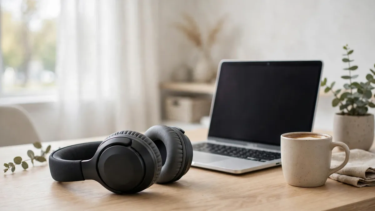 Over-ear noise cancelling headphones under $200 on a desk beside a laptop