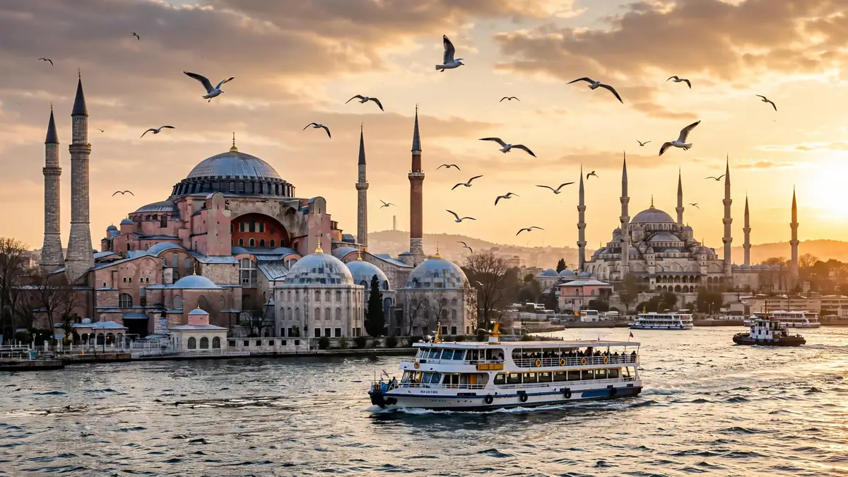 Istanbul skyline with Hagia Sophia and the Blue Mosque above the Bosphorus at golden hour
