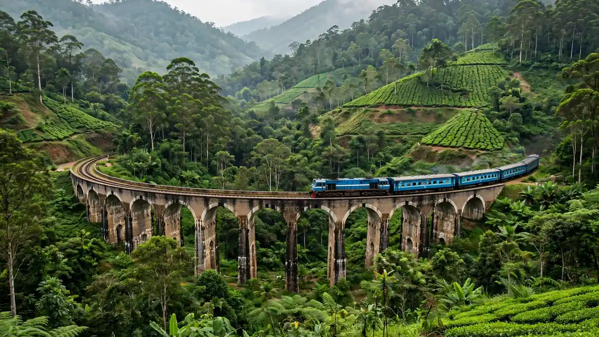 Train crossing the Nine Arch Bridge near Ella among green hills in Sri Lanka
