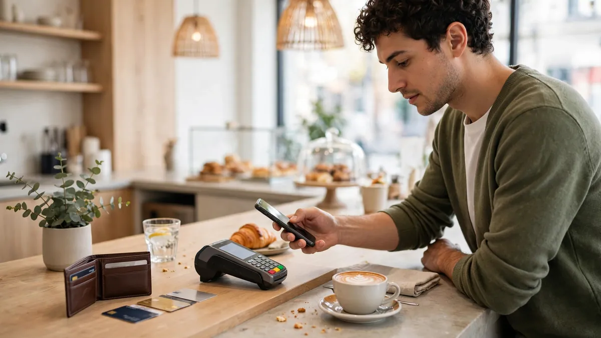 Person paying with a fully digital payment wallet on a smartphone at a cafe counter