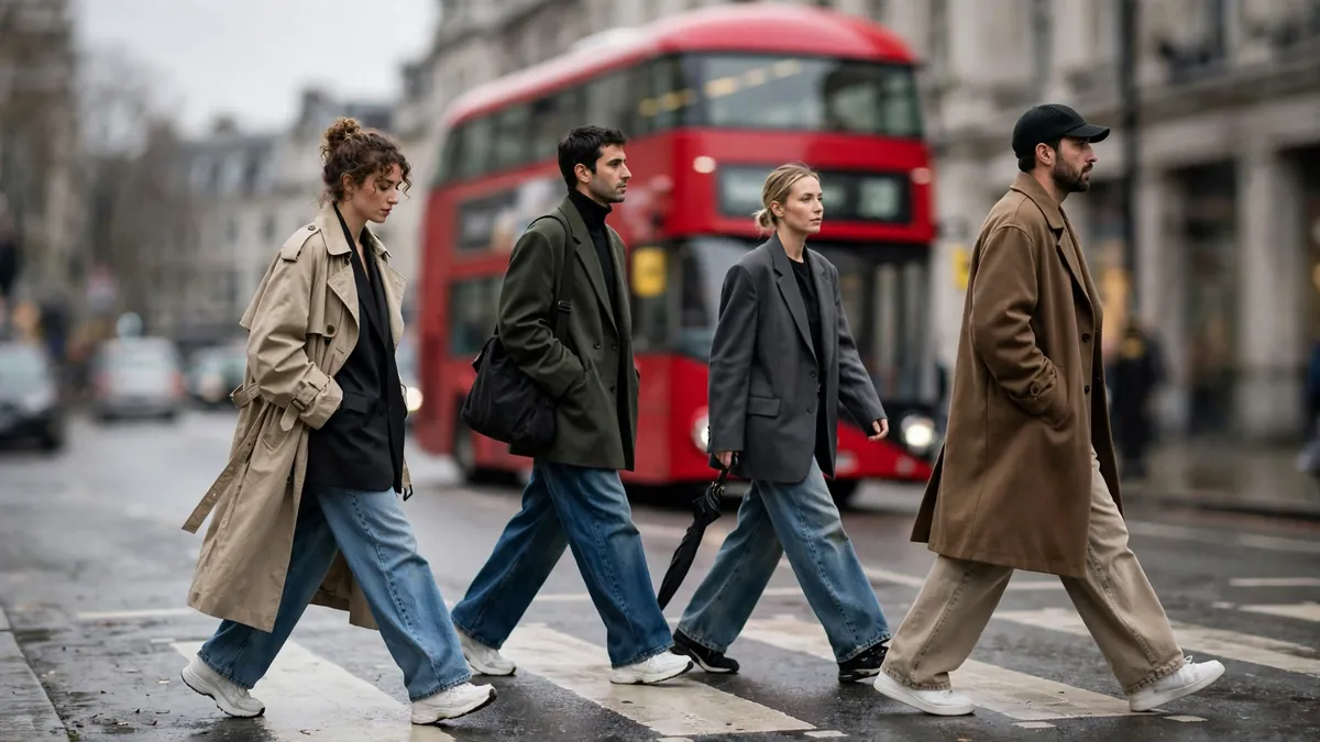 London pedestrians wearing trench coats, oversized tailoring, and wide-leg denim on a city street