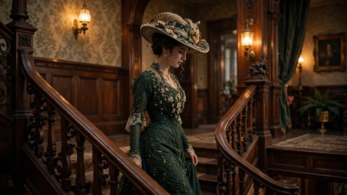 Woman in Titanic era fashion with a beaded gown and wide Edwardian hat