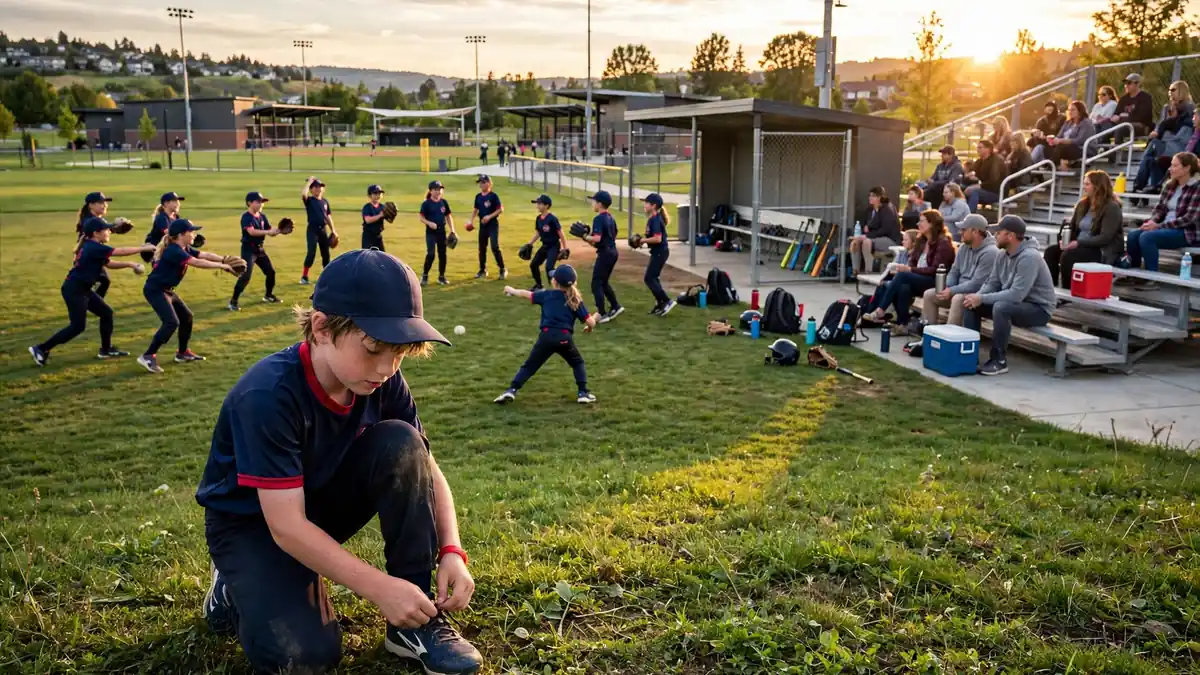 Young baseball players warming up at the Tony Robichaux Sports Complex on a tournament morning