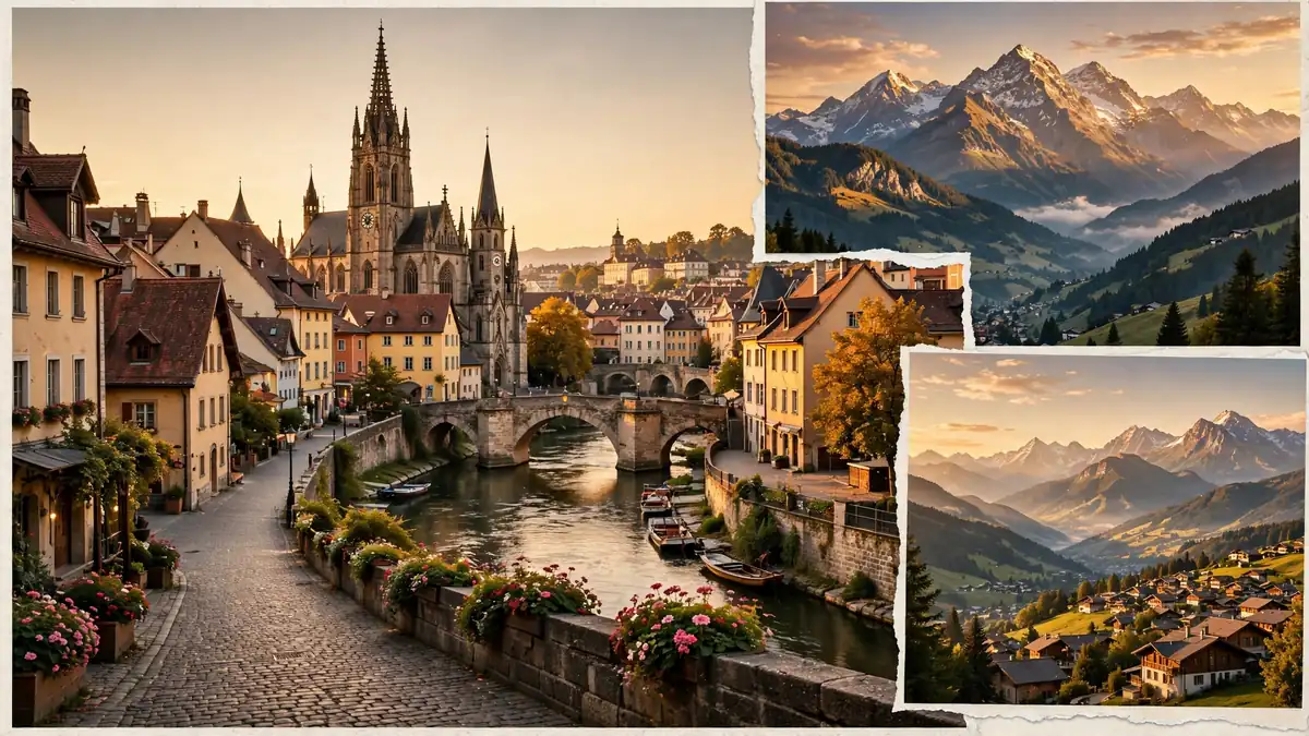Historic European old town with cathedral spires and a river bridge at golden hour