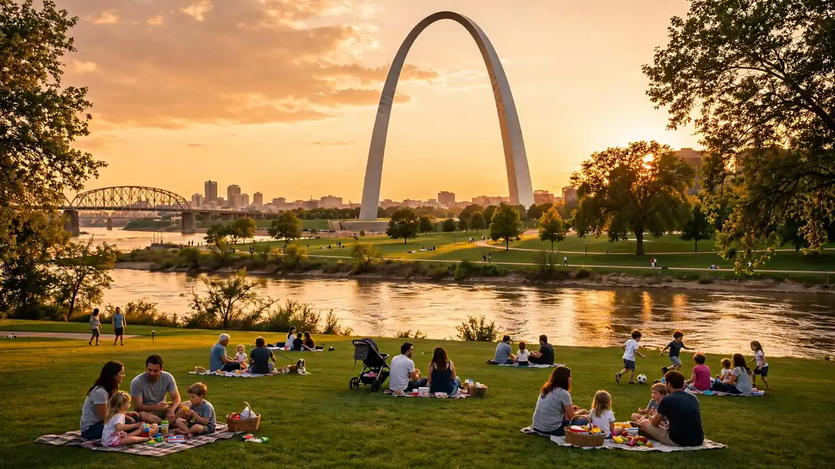 Gateway Arch above the Mississippi riverfront in St Louis at golden hour