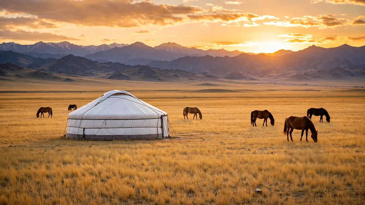 White ger and grazing horses on golden steppe at sunset, one of the top ten places to visit in Mongolia