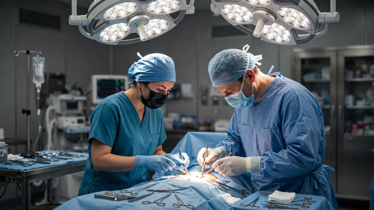 Travel RNFA surgical first assistant nurse assisting during an operation in a hospital theatre