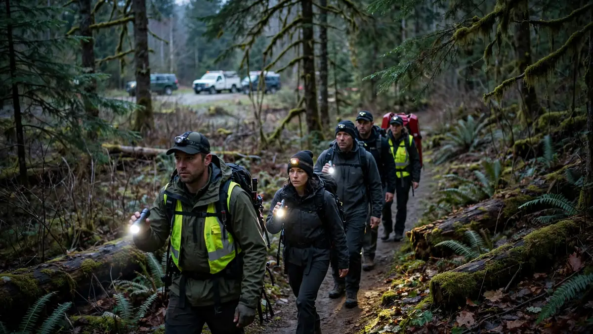 Search teams in forested backcountry in Washington state during an official manhunt search