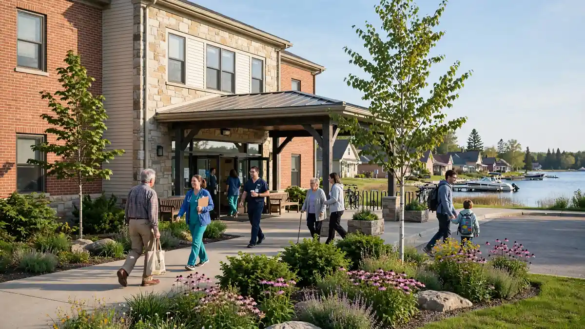 Community hospital entrance in Ludington Michigan serving Mason County patients and families