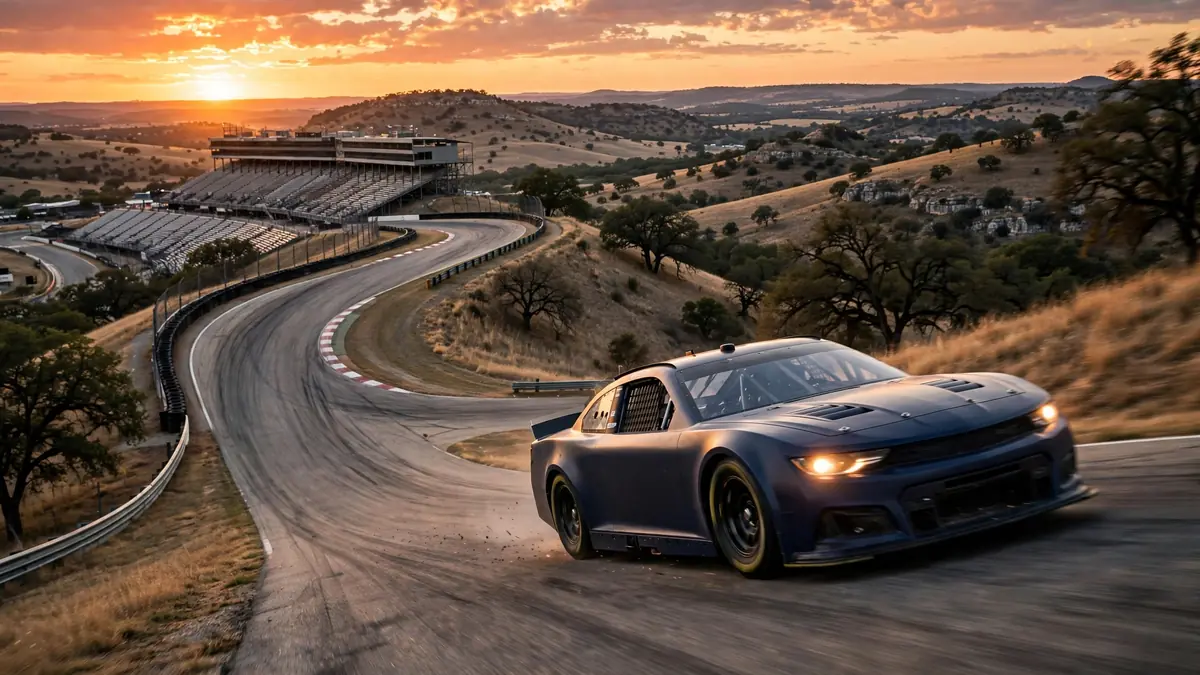 Stock car climbing toward Turn 1 at Circuit of the Americas during a NASCAR Cup Series road-course race