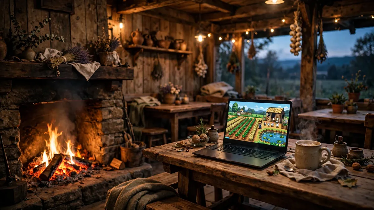 Cozy tavern scene with a laptop running a farming game, illustrating a guide to Travellers Rest CDKeys