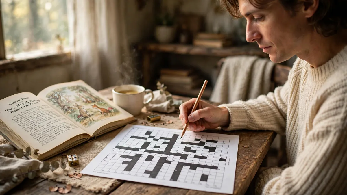 Solver working on a crossword puzzle with the Peter Pan dog clue