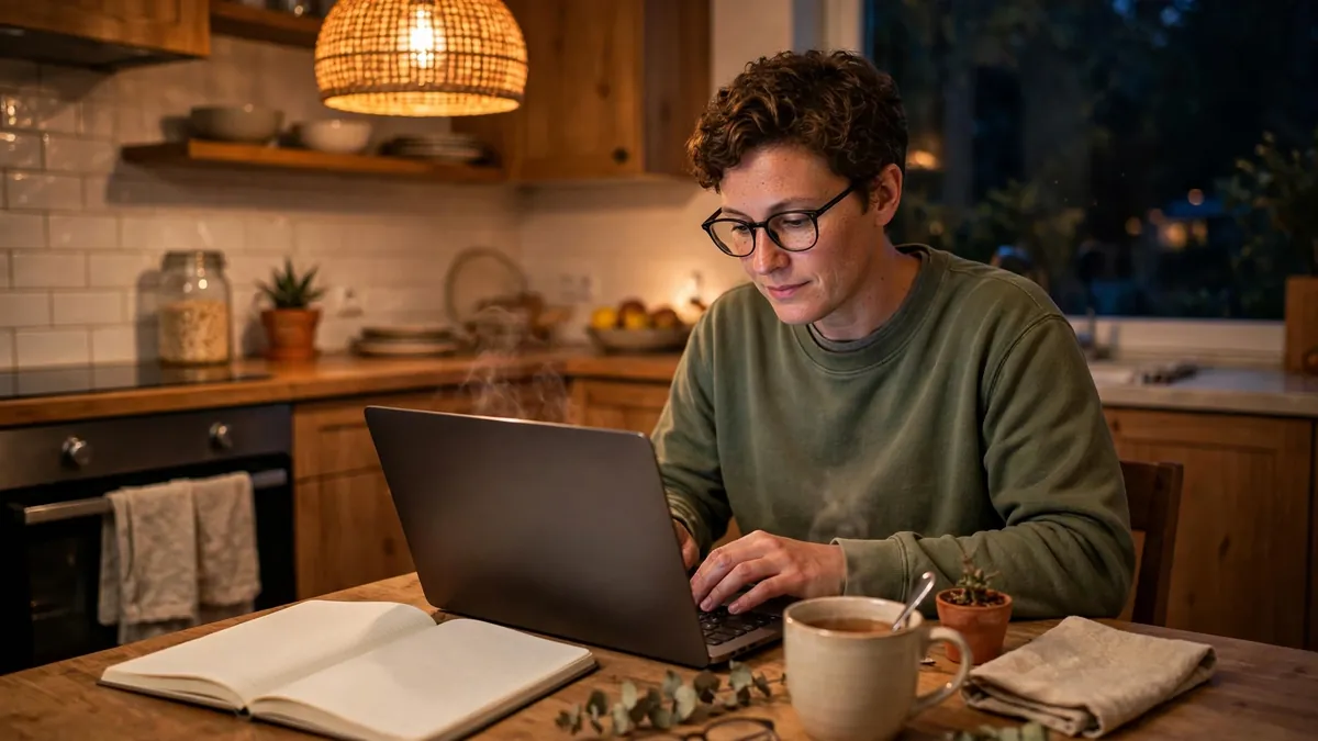 Adult learner studying with a laptop and notebook at home in the evening