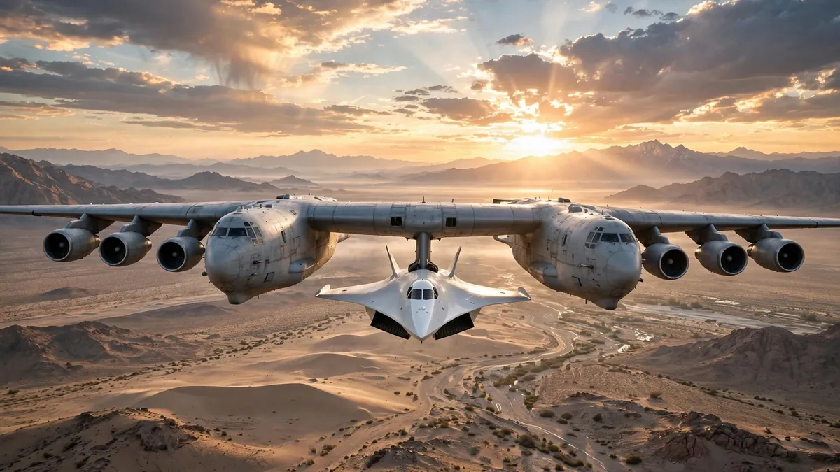 Spaceplane carried by a carrier aircraft above a desert at sunrise before a suborbital flight