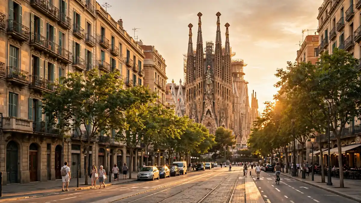 Sagrada Família rising above Barcelona streets at golden hour in Spain
