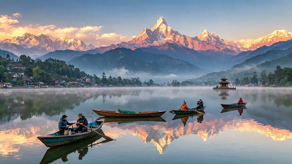 Boats on Phewa Lake in Pokhara with the Annapurna mountains behind in Nepal