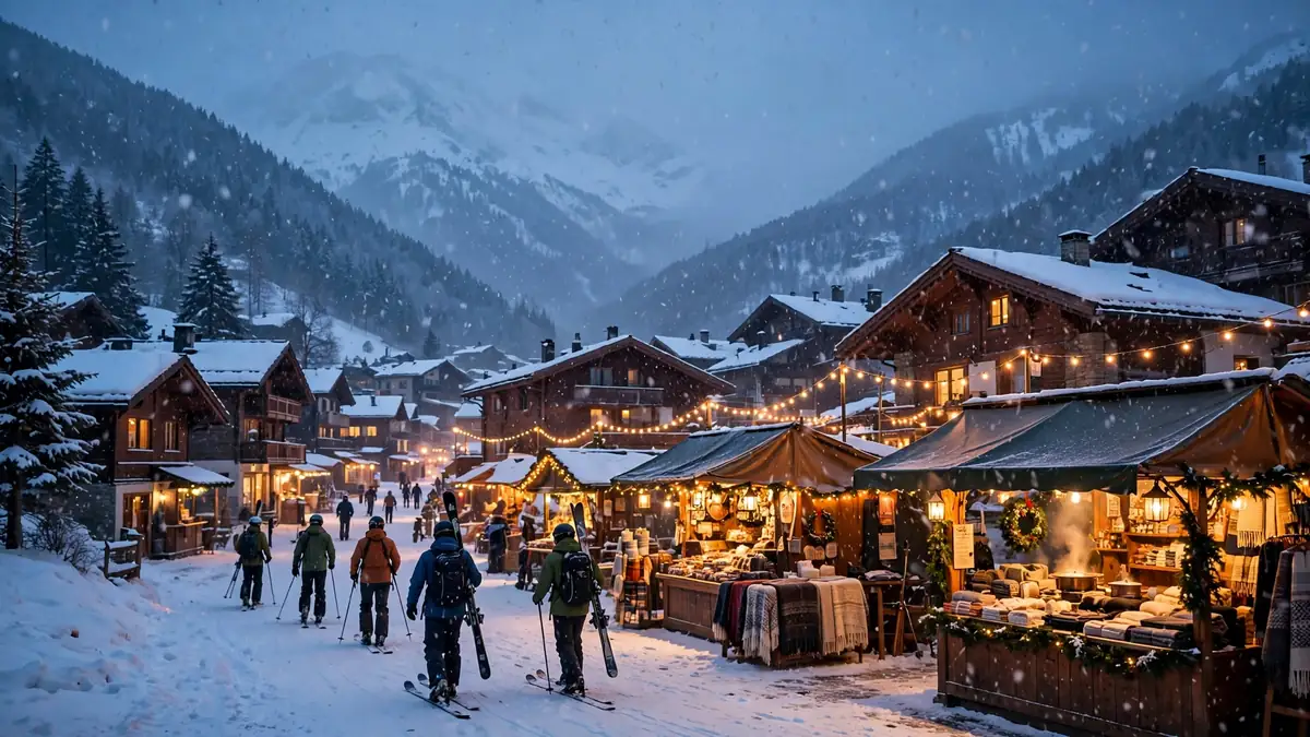 Snowy alpine village with glowing market lights at dusk in winter
