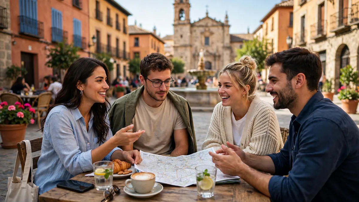 Travellers planning their day over a map at a plaza café in Spain