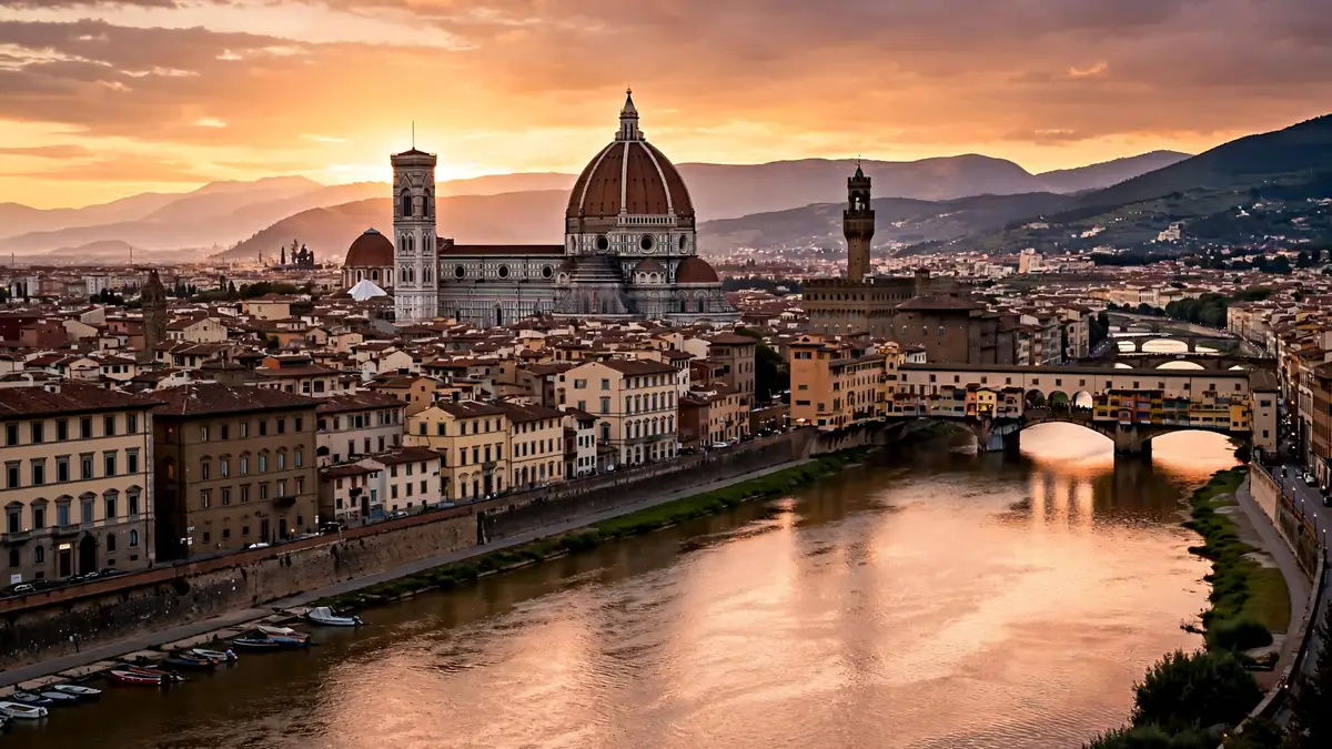 Florence cathedral dome and Arno river at sunset in Italy