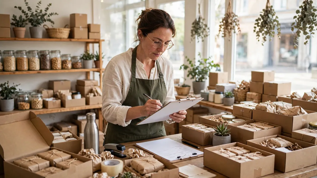 Small business owner checking import invoices and stock after a new trade deal