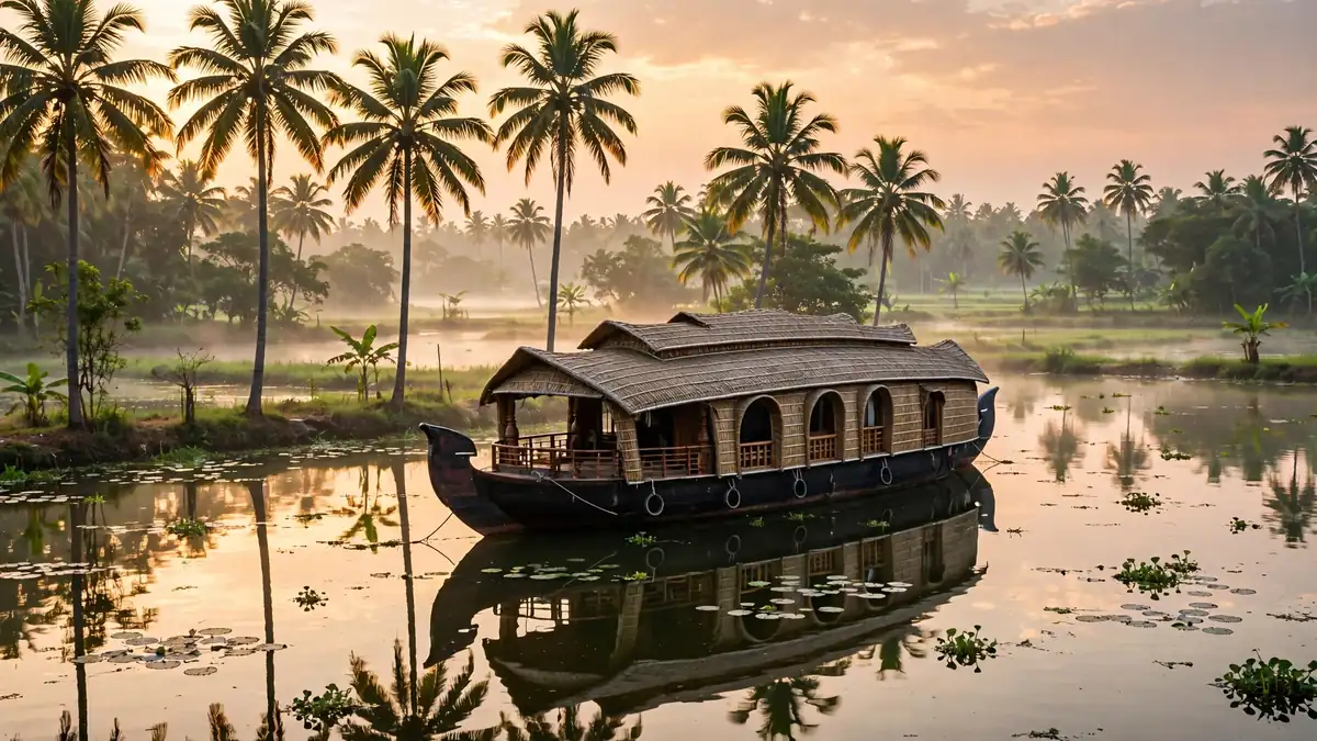 Traditional houseboat drifting through the Alleppey backwaters in Kerala at sunrise