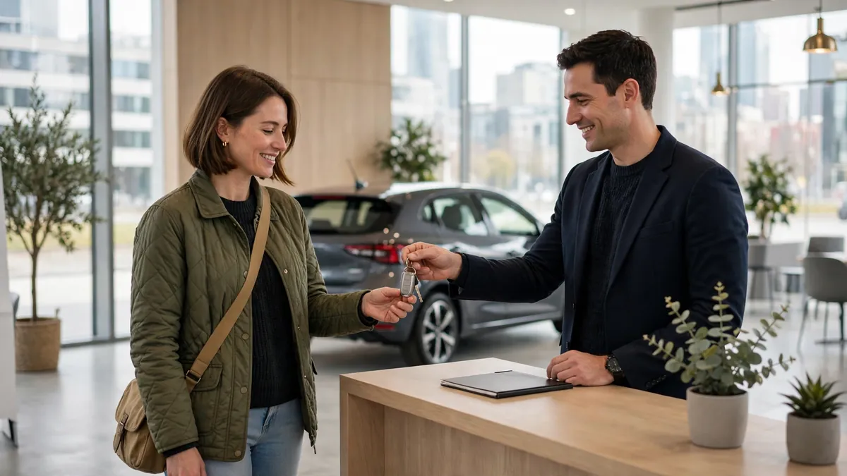 Driver collecting a car through a flexible car subscription service in a city showroom