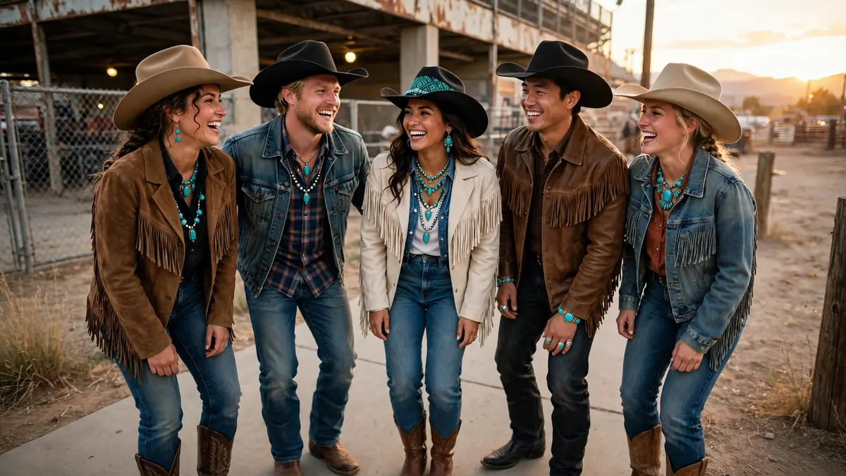 Rodeo fans wearing NFR fashion with cowboy hats, boots and fringe
