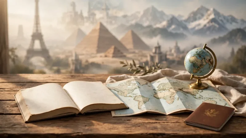 1001 places to visit before you die book — open travel guide with world map and famous landmarks