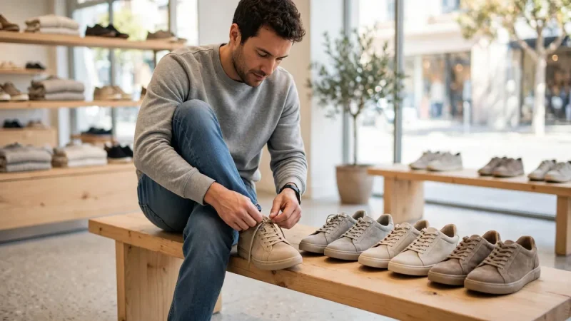 Shopper testing the fit and laces of casual lifestyle shoes in a bright store