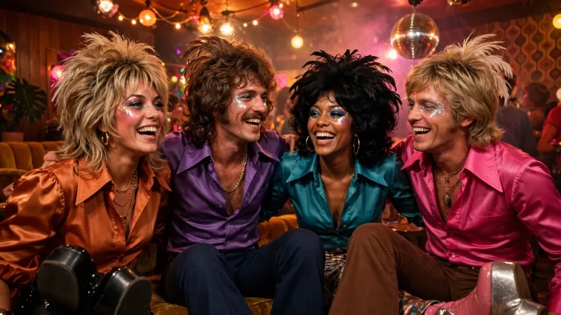 Friends wearing 70s glam rock fashion with platform boots and glitter makeup