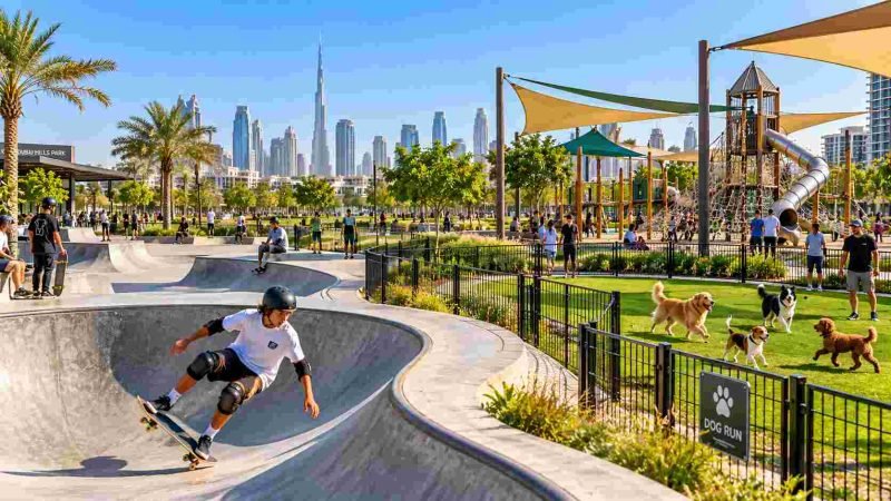 Outdoor Activities in Dubai showing skatepark bowl, dog park, and children's playground in Dubai Hills