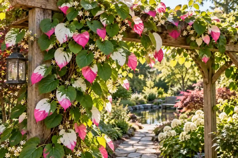 Actinidia kolomikta Arctic Beauty vine showing vibrant pink and white variegated leaves on a trellis