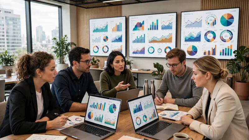 Marketing team analyzing an advanced digital marketing strategy for business services