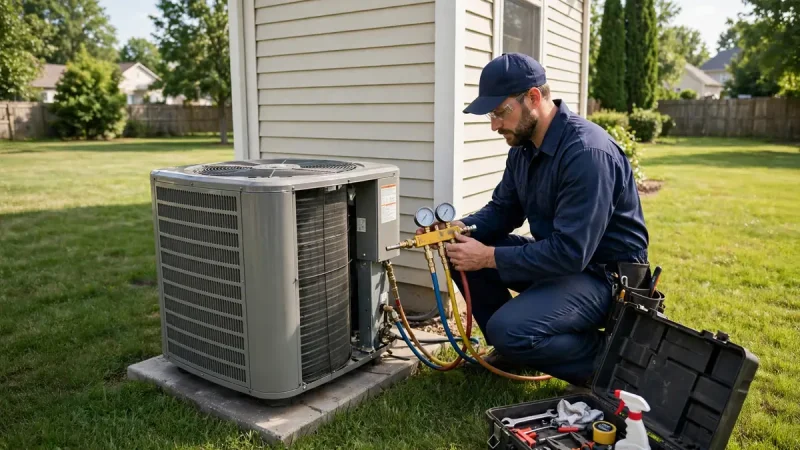 HVAC technician performing air conditioning repair services on an outdoor condenser unit