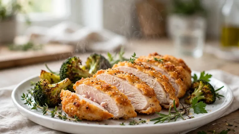 Sliced golden crispy air fryer chicken breast showing juicy interior, served with roasted broccoli