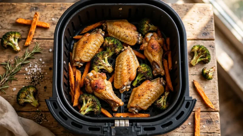 Air fryer cooking time chart guide showing crispy chicken wings, broccoli and sweet potato fries in an air fryer basket