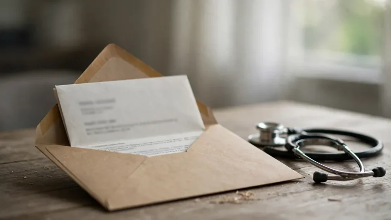Opened medical letter on a desk beside a stethoscope representing a mistaken cancer diagnosis scare