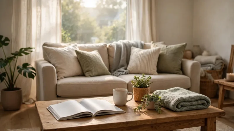 Open lifestyle magazine on a coffee table in a bright American living room, illustrating a guide to modern living magazines