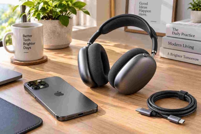 Apple over-ear headphones with USB-C port resting on modern desk with smartphone